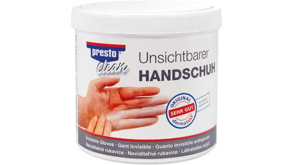PRESTO unsichtbarer Handschuh; Zum Schutz der Hände vor öligen und fettigen Verschmutzungen sowie vor Lack, Graphit, Ruß, Teer- und Bitumenprodukten,