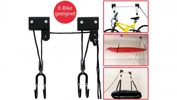 POINT Decken-Fahrradlift &quot;Bikelift XL&quot;; Mit Fallsicherung und Bremse, zwei gummierte Haken mit integrierten Gelenken, mit zusätzlichen Gurten für Kaja