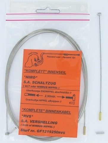 SLURF Schaltinnenzug &quot;GF1219225RVS&quot;; SB-verpackt, Niro, Ø 1,2mm, für Sturmey Archer; Mit Walzennippel, mit Endhülse, 2500mm lang