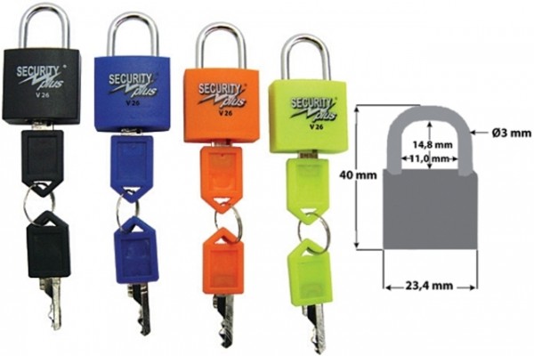 SECURITY PLUS Vorhängeschloss; Set, SB-verpackt, ein Schlüssel öffnet jedes der 4 Schlösser, Neon Padlock-Set bestehend aus den Farben:schwarz, blau,